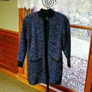 Monto par leChois Vintage Sz M Blue Tweed-Like Design Collared LS XLong Cardigan